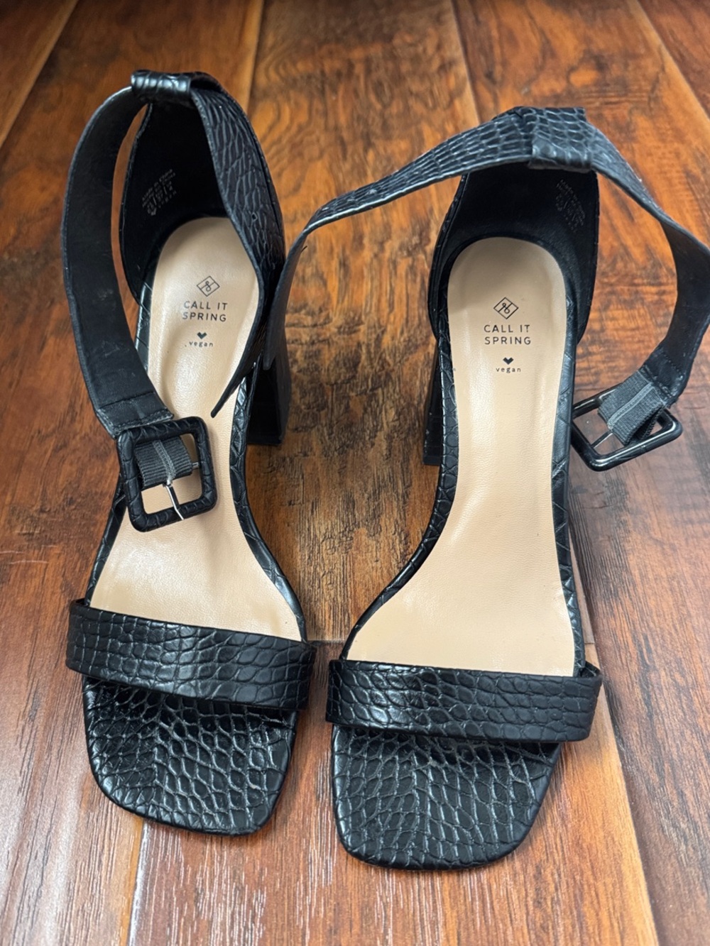 Call It Spring Black Croc-Embossed Square Toe Block Heels